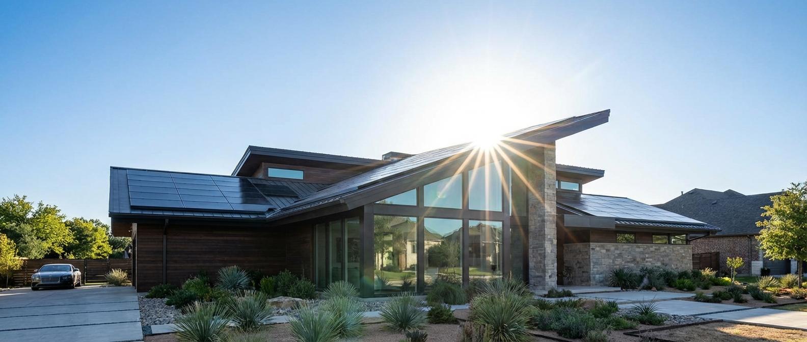 Modern solar home at sunset