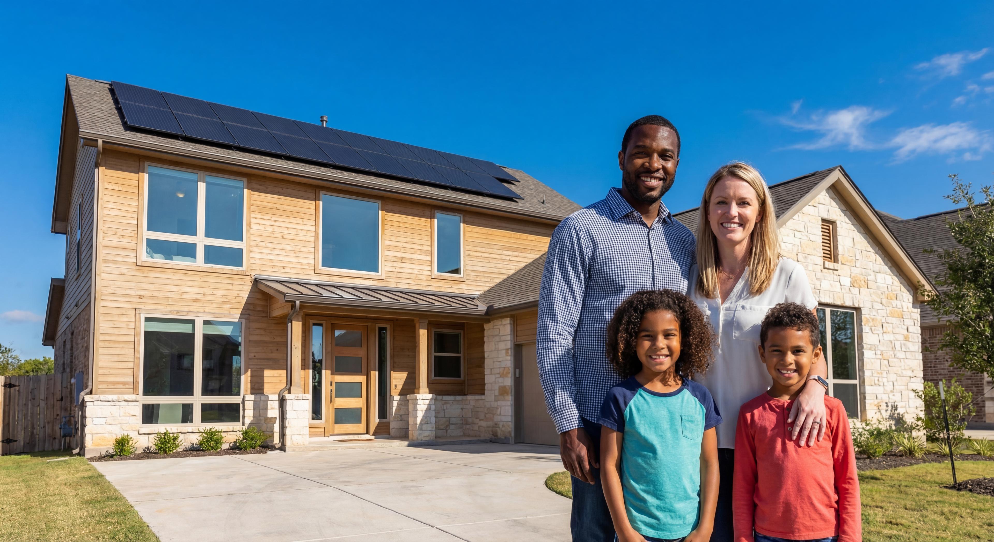 Family in front of a solar home
